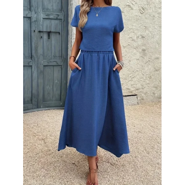 Kadın Kısa Kollu Bisiklet Yaka Bluz Etekli Ithal Keten Ikili Takım