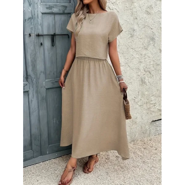 Kadın Kısa Kollu Bisiklet Yaka Bluz Etekli Ithal Keten Ikili Takım