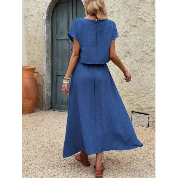 Kadın Kısa Kollu Bisiklet Yaka Bluz Etekli Ithal Keten Ikili Takım