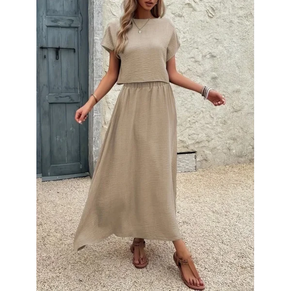 Kadın Kısa Kollu Bisiklet Yaka Bluz Etekli Ithal Keten Ikili Takım