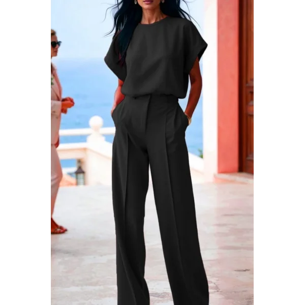 Kadın Kısa Kollu Bisiklet Yaka Bluz Yüksek Bel Cep Detaylı Pantolon Atlas Ikili Takım