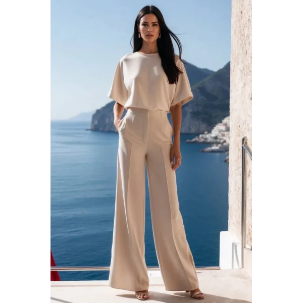 Kadın Kısa Kollu Bisiklet Yaka Bluz Yüksek Bel Cep Detaylı Pantolon Atlas Ikili Takım