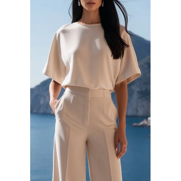 Kadın Kısa Kollu Bisiklet Yaka Bluz Yüksek Bel Cep Detaylı Pantolon Atlas Ikili Takım
