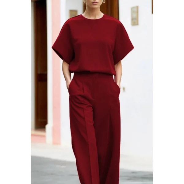 Kadın Kısa Kollu Bisiklet Yaka Bluz Yüksek Bel Cep Detaylı Pantolon Atlas Ikili Takım