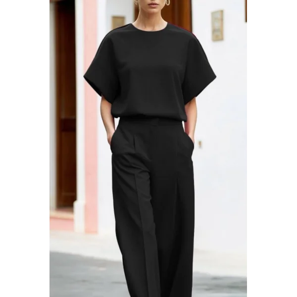 Kadın Kısa Kollu Bisiklet Yaka Bluz Yüksek Bel Cep Detaylı Pantolon Atlas Ikili Takım