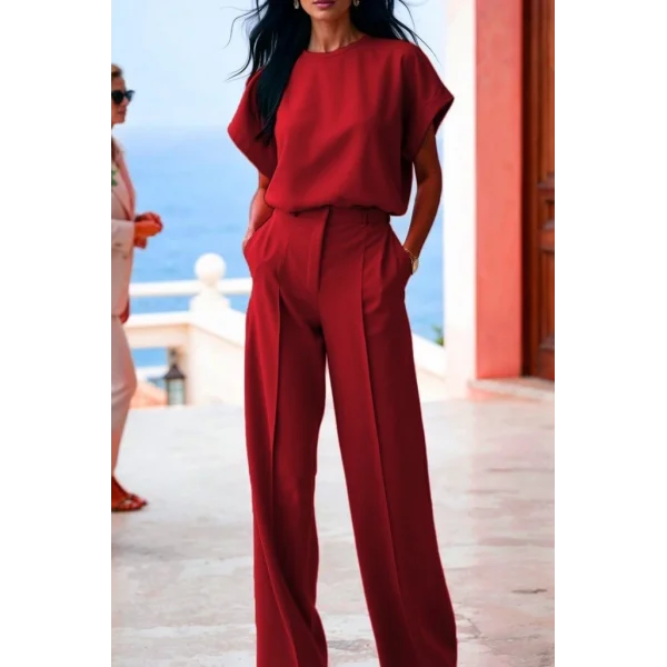 Kadın Kısa Kollu Bisiklet Yaka Bluz Yüksek Bel Cep Detaylı Pantolon Atlas Ikili Takım