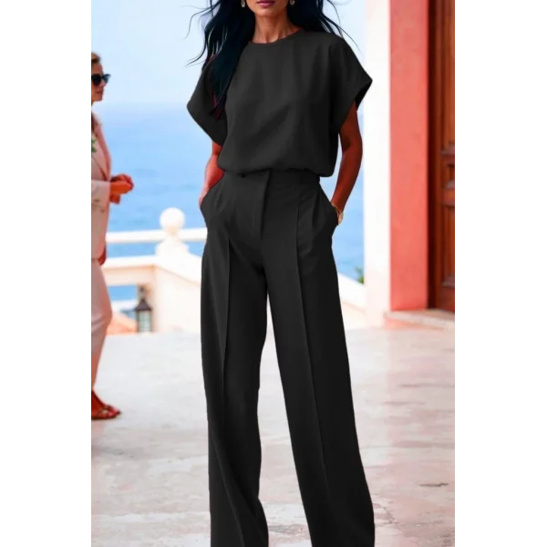 Kadın Kısa Kollu Bisiklet Yaka Bluz Yüksek Bel Cep Detaylı Pantolon Atlas Ikili Takım