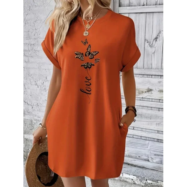Kadın Kısa Kollu Bisiklet Yaka Cepli Kelebek Baskılı Viskon Elbise