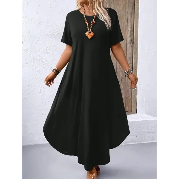 Kadın Kısa Kollu Bisiklet Yaka Cepli Salaş Viskon Elbise