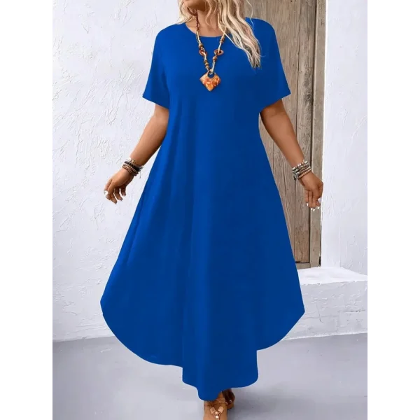 Kadın Kısa Kollu Bisiklet Yaka Cepli Salaş Viskon Elbise