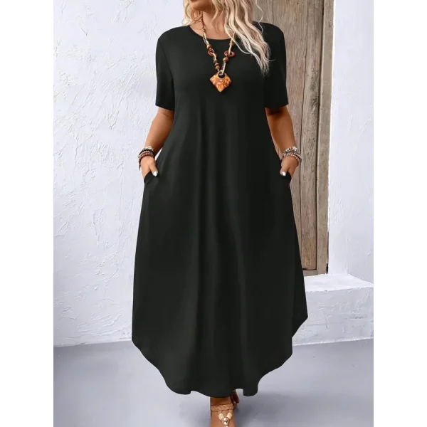 Kadın Kısa Kollu Bisiklet Yaka Cepli Salaş Viskon Elbise