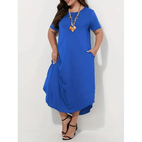 Kadın Kısa Kollu Bisiklet Yaka Cepli Salaş Viskon Elbise