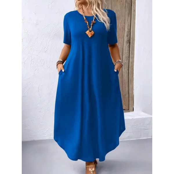 Kadın Kısa Kollu Bisiklet Yaka Cepli Salaş Viskon Elbise