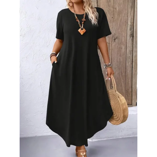 Kadın Kısa Kollu Bisiklet Yaka Cepli Salaş Viskon Elbise