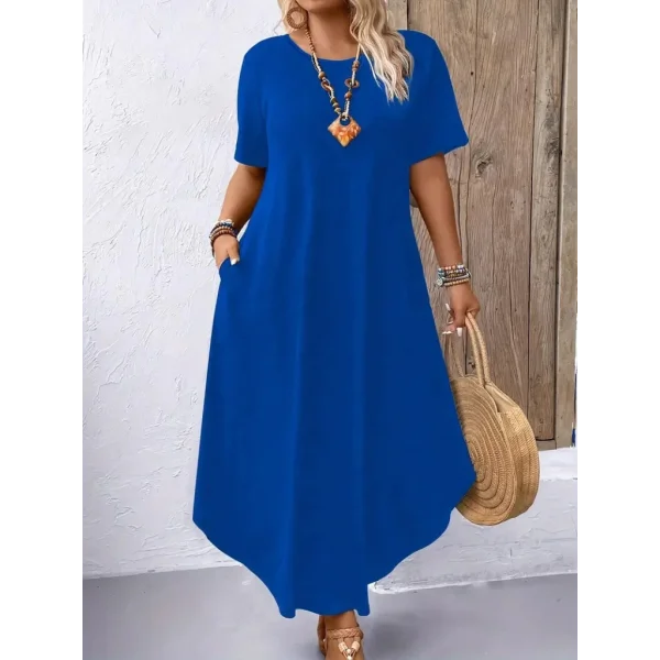 Kadın Kısa Kollu Bisiklet Yaka Cepli Salaş Viskon Elbise