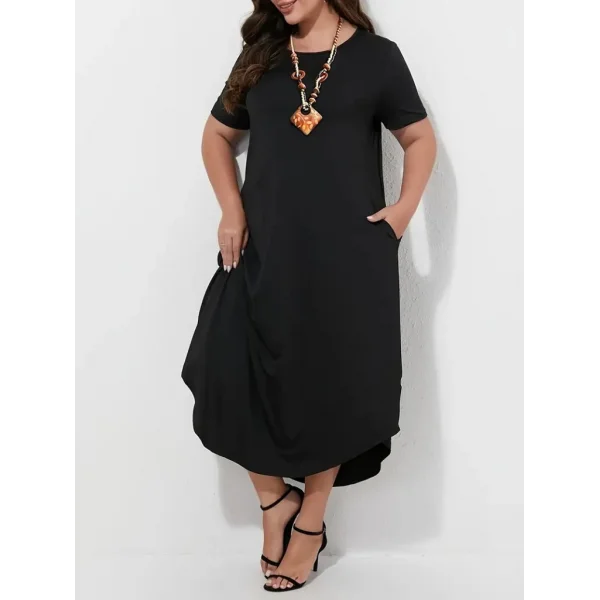 Kadın Kısa Kollu Bisiklet Yaka Cepli Salaş Viskon Elbise