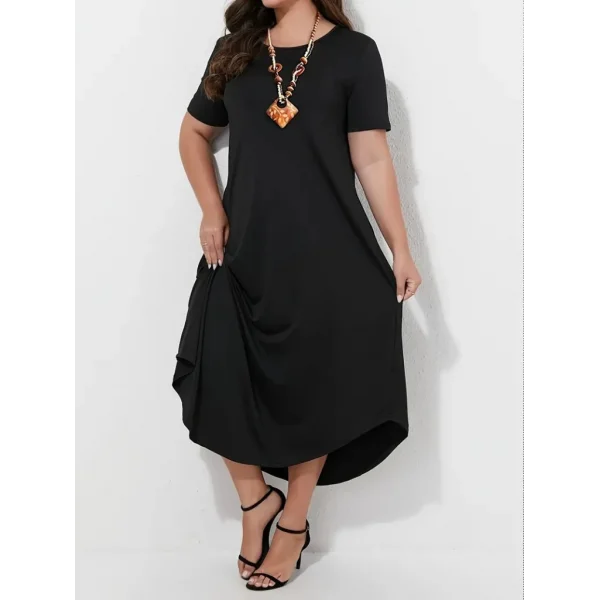 Kadın Kısa Kollu Bisiklet Yaka Cepli Salaş Viskon Elbise