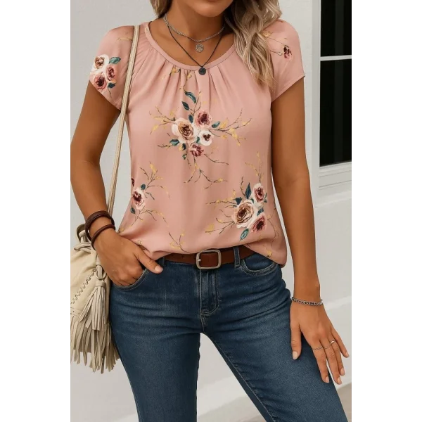 Kadın Kısa Kollu Bisiklet Yaka çiçek Baskılı Süprem Bluz