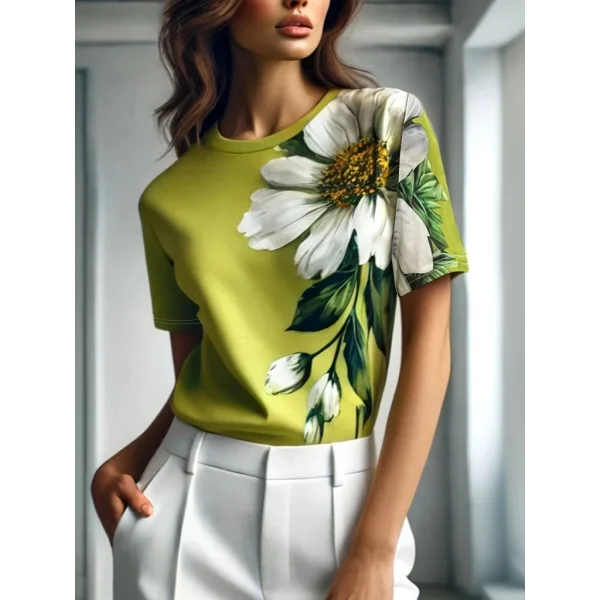 Kadın Kısa Kollu Bisiklet Yaka çiçek Baskılı Süprem Bluz