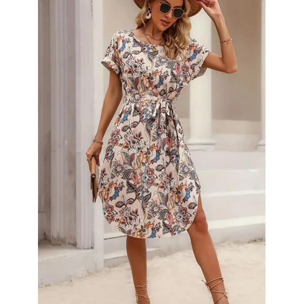 Kadın Kısa Kollu Bisiklet Yaka çiçek Desenli Kuşaklı Süprem Midi Elbise
