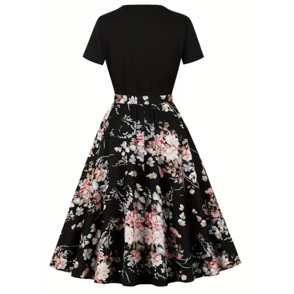 Kadın Kısa Kollu Bisiklet Yaka çiçek Desenli üst Viskon Alt Süprem Kısa Elbise