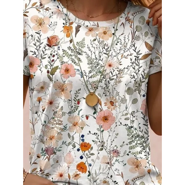 Kadın Kısa Kollu Bisiklet Yaka çiçek Desenli Viskon Bluz