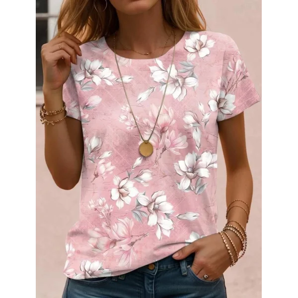Kadın Kısa Kollu Bisiklet Yaka çiçek Desenli Viskon Bluz