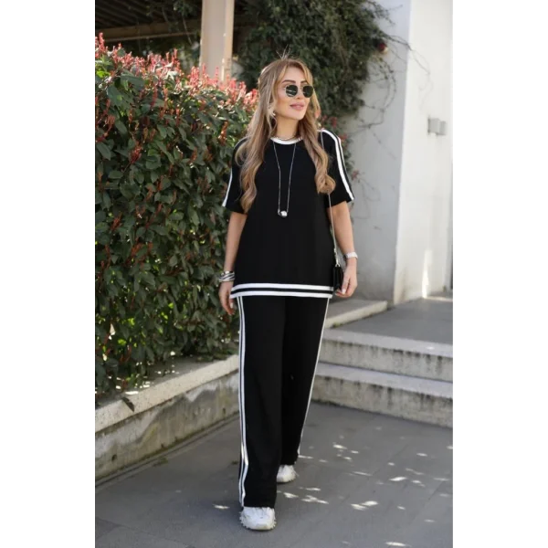 Kadın Kısa Kollu Bisiklet Yaka çift Renk şerit Detaylı Viskon Iki Iplik Bluz Ve Pantolon Ikili Takım