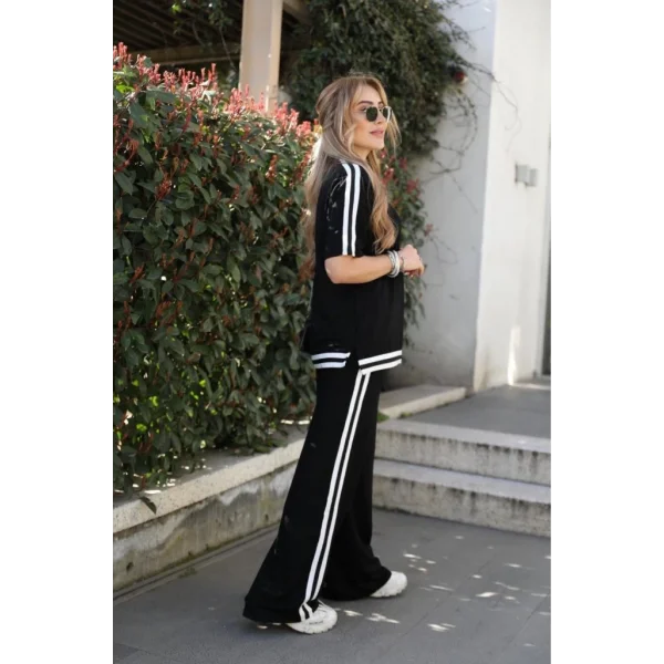 Kadın Kısa Kollu Bisiklet Yaka çift Renk şerit Detaylı Viskon Iki Iplik Bluz Ve Pantolon Ikili Takım