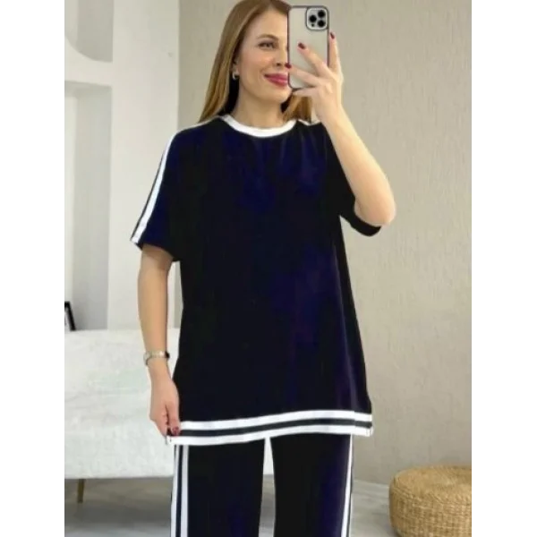 Kadın Kısa Kollu Bisiklet Yaka çift Renk şerit Detaylı Viskon Iki Iplik Bluz Ve Pantolon Ikili Takım