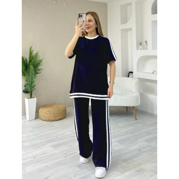 Kadın Kısa Kollu Bisiklet Yaka çift Renk şerit Detaylı Viskon Iki Iplik Bluz Ve Pantolon Ikili Takım