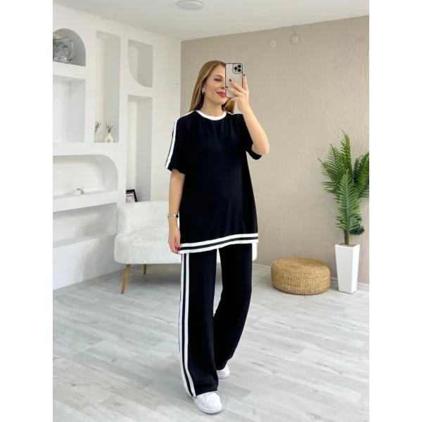 Kadın Kısa Kollu Bisiklet Yaka çift Renk şerit Detaylı Viskon Iki Iplik Bluz Ve Pantolon Ikili Takım