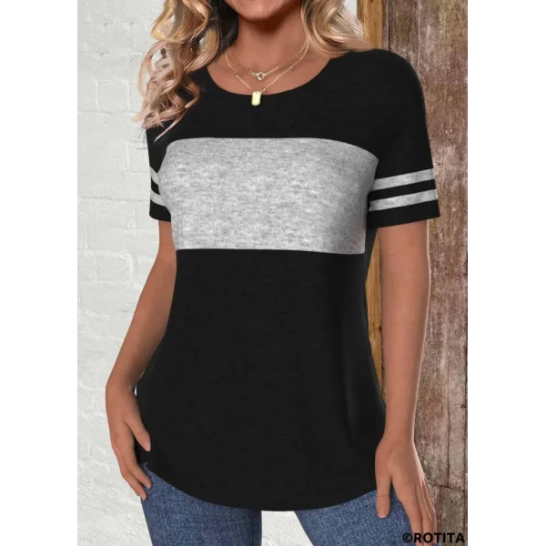 Kadın Kısa Kollu Bisiklet Yaka çift Renkli Viskon Bluz