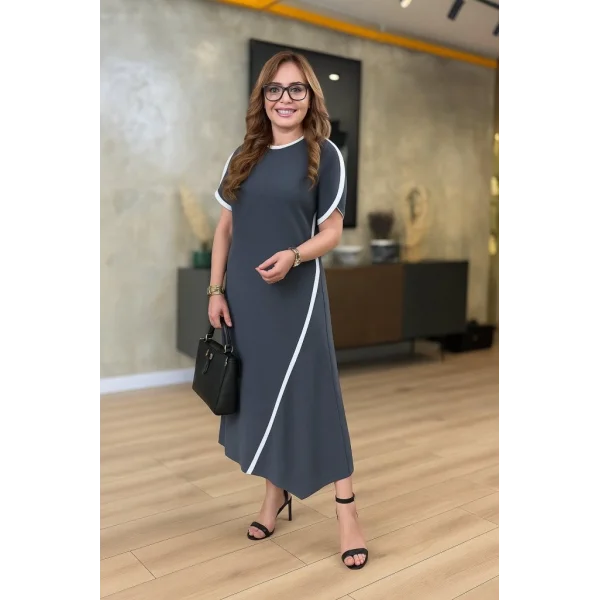 Kadın Kısa Kollu Bisiklet Yaka çift şerit Renk Detaylı Asimetrik Kesim Viskon Iki Iplik Elbise