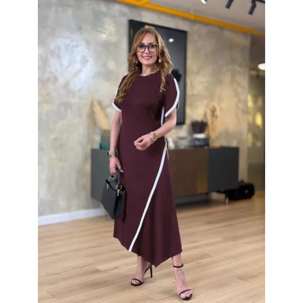 Kadın Kısa Kollu Bisiklet Yaka çift şerit Renk Detaylı Asimetrik Kesim Viskon Iki Iplik Elbise