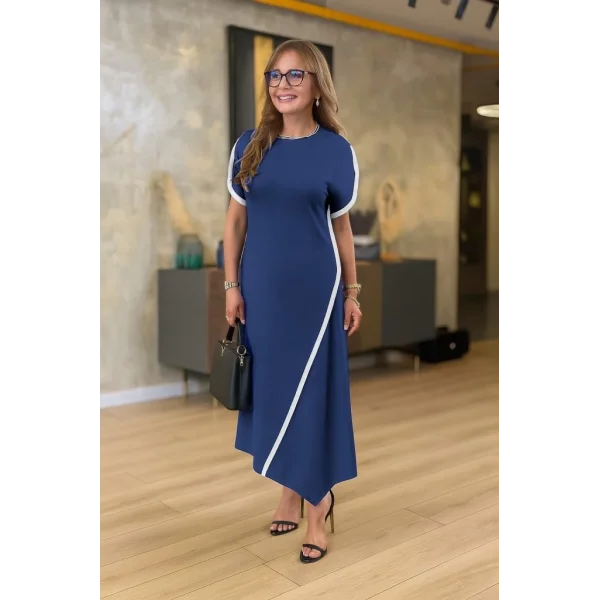 Kadın Kısa Kollu Bisiklet Yaka çift şerit Renk Detaylı Asimetrik Kesim Viskon Iki Iplik Elbise