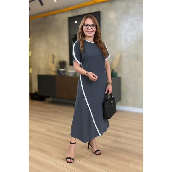 Kadın Kısa Kollu Bisiklet Yaka çift şerit Renk Detaylı Asimetrik Kesim Viskon Iki Iplik Elbise