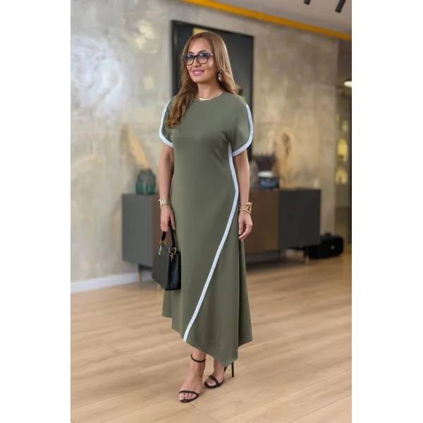 Kadın Kısa Kollu Bisiklet Yaka çift şerit Renk Detaylı Asimetrik Kesim Viskon Iki Iplik Elbise