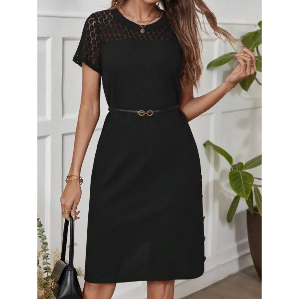 Kadın Kısa Kollu Bisiklet Yaka Dantel Detaylı Düğmeli Modal Elbise