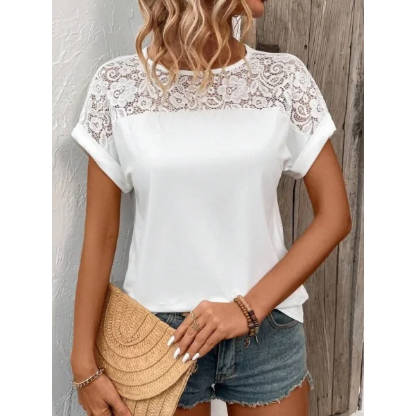Kadın Kısa Kollu Bisiklet Yaka Dantel Detaylı Viskon Bluz