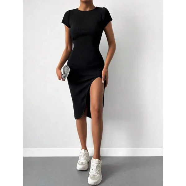 Kadın Kısa Kollu Bisiklet Yaka Derin Yırtmaçlı Kaşkorse Elbise