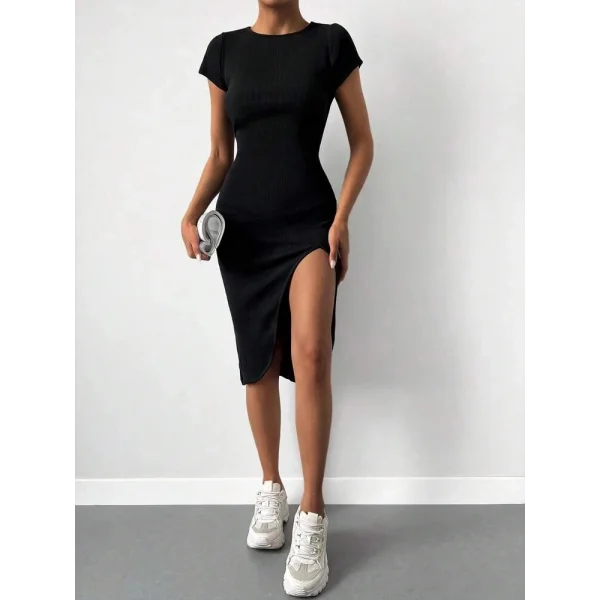 Kadın Kısa Kollu Bisiklet Yaka Derin Yırtmaçlı Kaşkorse Elbise