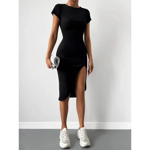 Kadın Kısa Kollu Bisiklet Yaka Derin Yırtmaçlı Kaşkorse Elbise