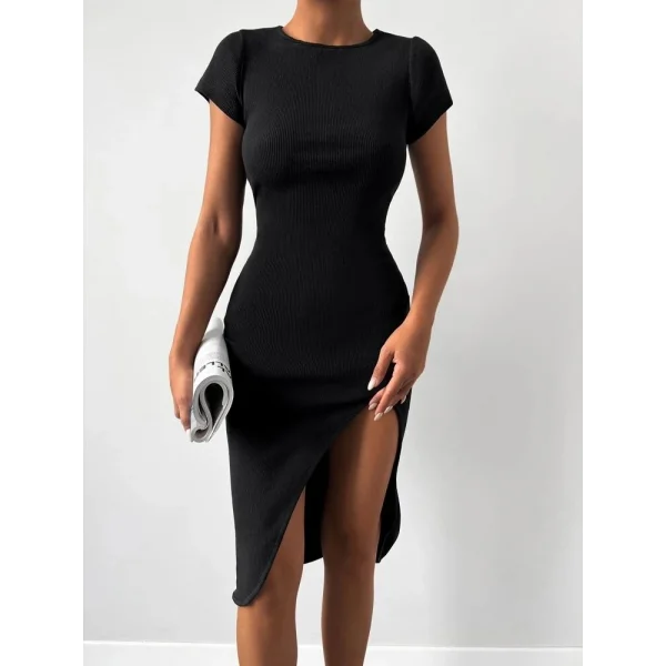 Kadın Kısa Kollu Bisiklet Yaka Derin Yırtmaçlı Kaşkorse Elbise