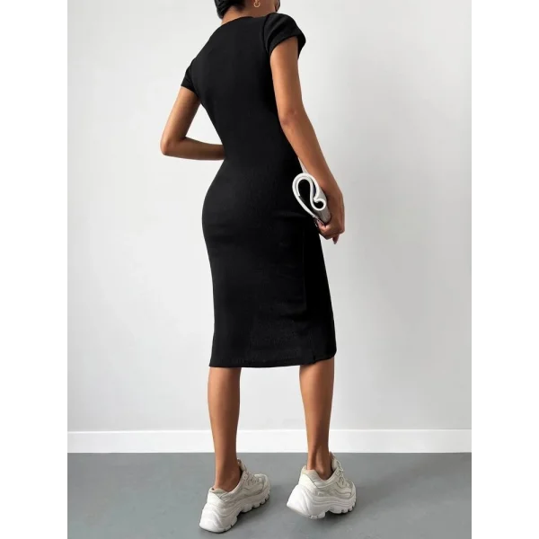 Kadın Kısa Kollu Bisiklet Yaka Derin Yırtmaçlı Kaşkorse Elbise