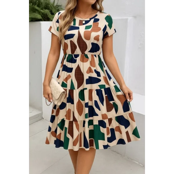 Kadın Kısa Kollu Bisiklet Yaka Desenli Fırfırlı Süprem Elbise