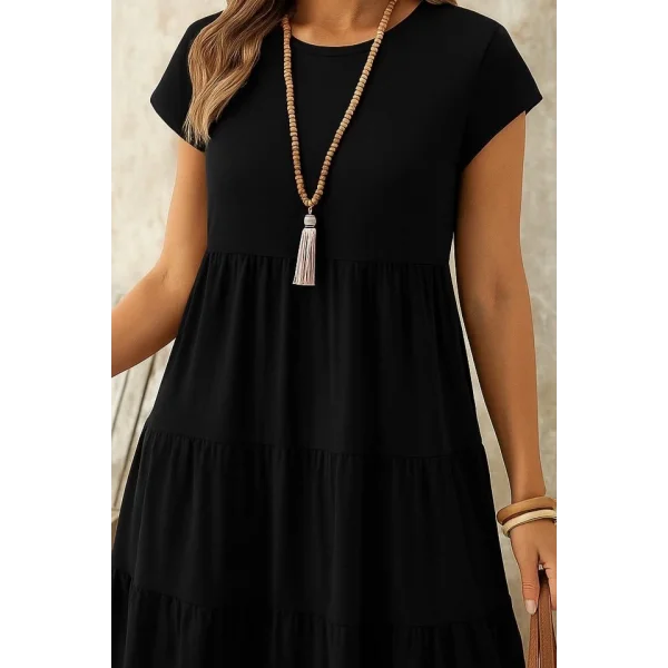 Kadın Kısa Kollu Bisiklet Yaka Desenli Fırfırlı Süprem Elbise