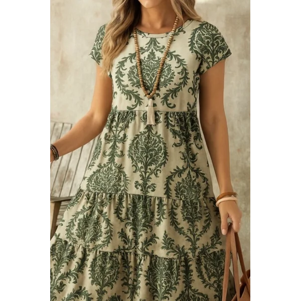 Kadın Kısa Kollu Bisiklet Yaka Desenli Fırfırlı Süprem Elbise