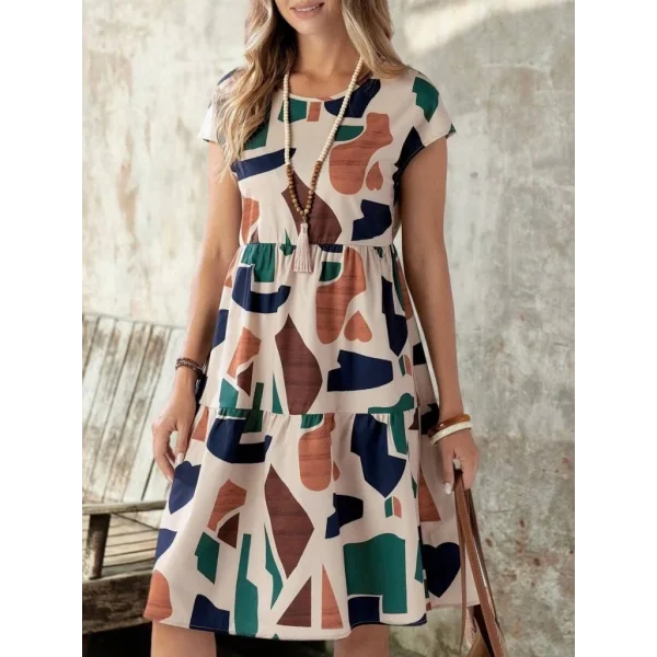 Kadın Kısa Kollu Bisiklet Yaka Desenli Fırfırlı Süprem Elbise