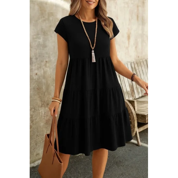 Kadın Kısa Kollu Bisiklet Yaka Desenli Fırfırlı Süprem Elbise